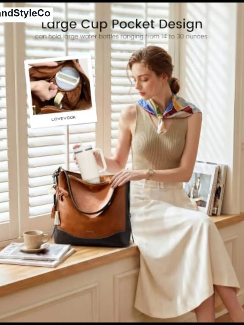 Vegan Leather Hobo Bag with Cup Holder, Adjustable Crossbody Strap